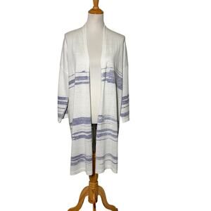 Pure Jill J. Jill Linen Blend Long White & Blue Open Cardigan Sz L